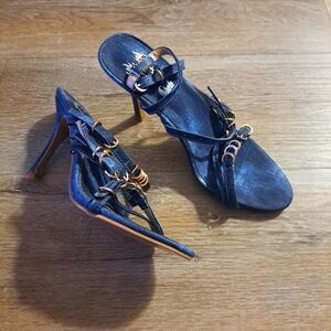 Sheln Stylish Blue Denim Gold Designed Rings Buckle Women's Heels Size 40